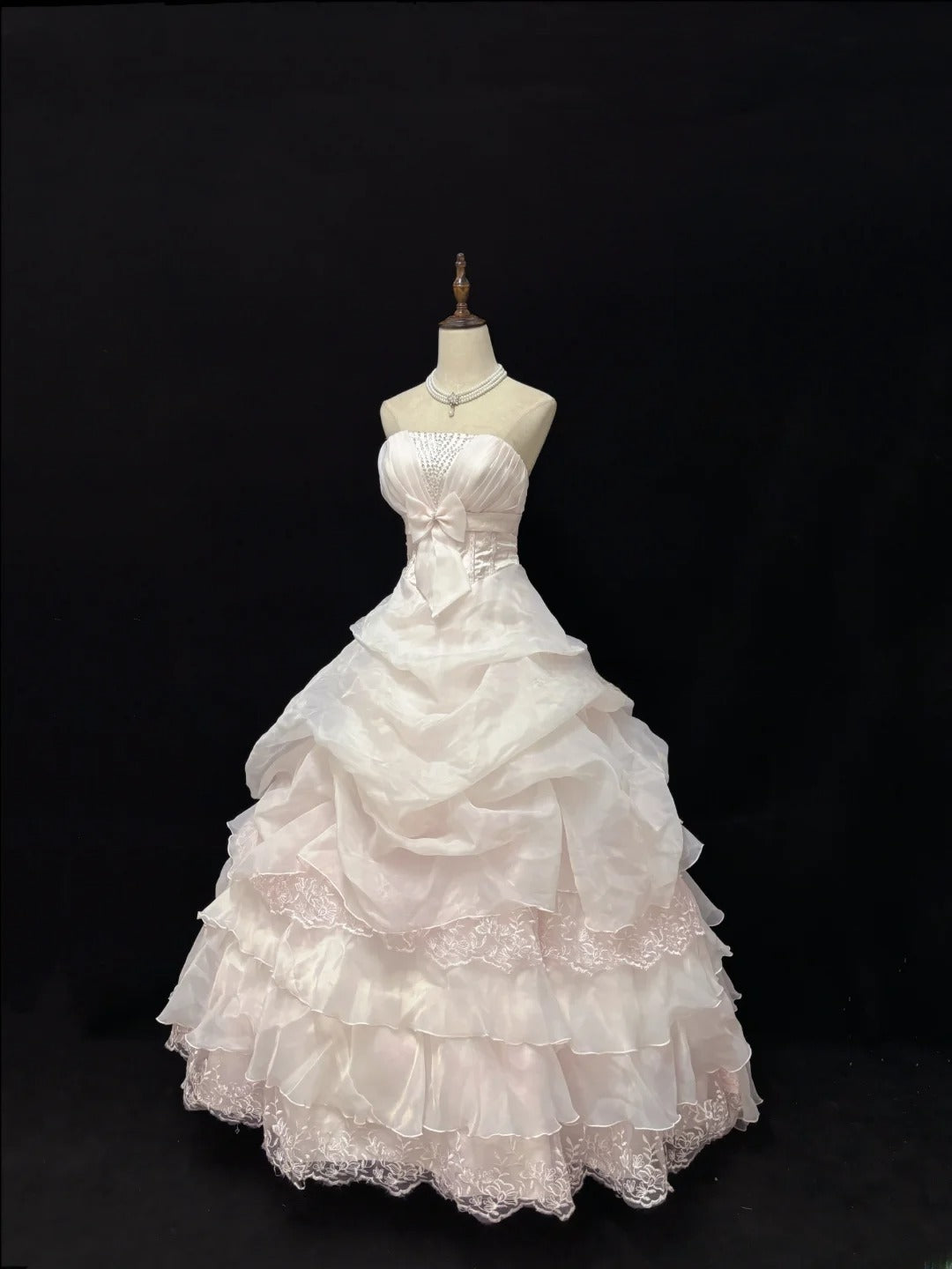 Cute Ball Gowns Strapless Light Pearl Pink Poofy Long With Lace Bow Quince Dress Sweet 16 inspo Quinceanera Dresses Vestidos De 15 anos RB7666