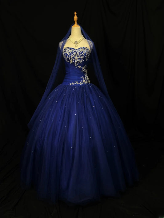 Pretty Ball Gown Sweetheart Royal Blue Tulle With Appliqued Corset Fitted Long 15 Quinceanera Dresses Photo Ideas Formal Outfit RB6113