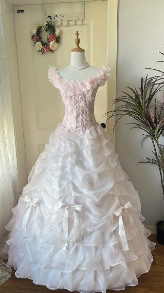 Sweet 15 Quinceanera Dress Ball Gown Square Neck Pink With Tiered Layers Long 15th Birthday Outfits RC0604