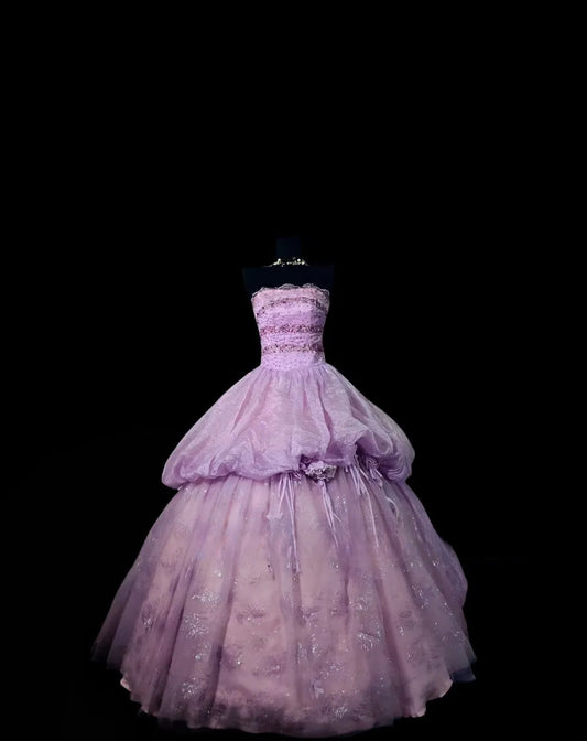 Modest Ball Gown Strapless Lilac Long Quinceanera Dresses With Beaded For Sweet 15 15 Anos Celebration Birthday Formal Gown RB8891