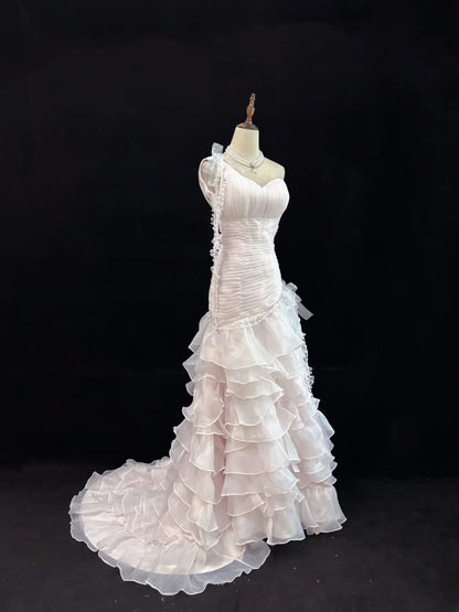 Modest Mermaid One Shoulder Light Pink With Layered Tiered Long Prom Dress Formal Outfits Evening Night Dresses RB7667