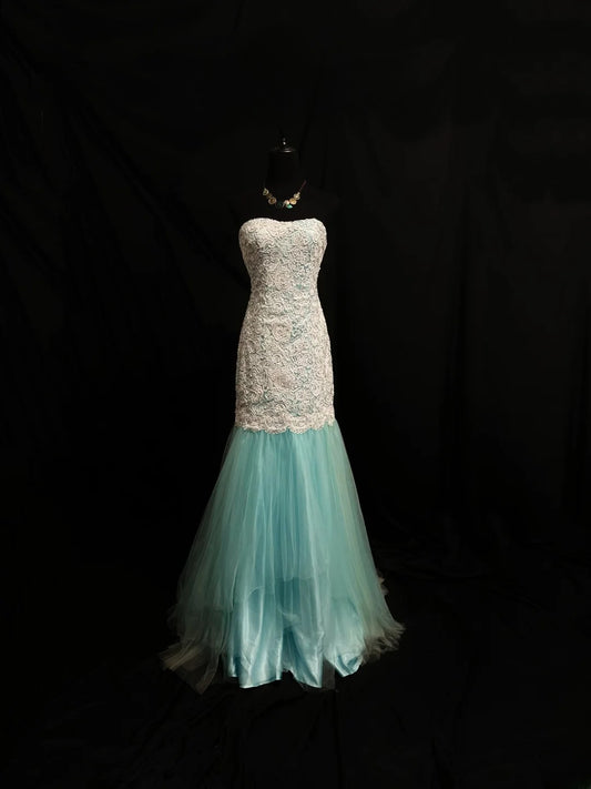 Beautiful Prom Dresses Mermaid Strapless Blue Tulle With Lace Long Night Evening Formal Outfits RB6114