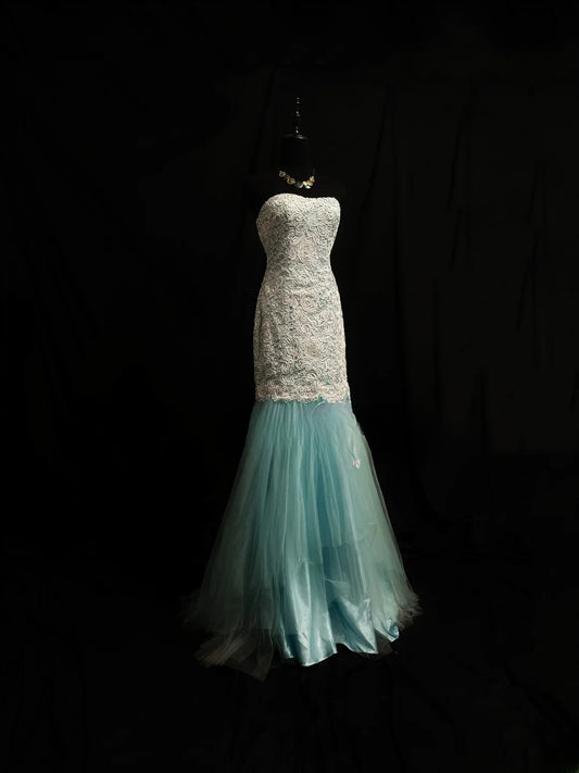 Beautiful Prom Dresses Mermaid Strapless Blue Tulle With Lace Long Night Evening Formal Outfits RB6114