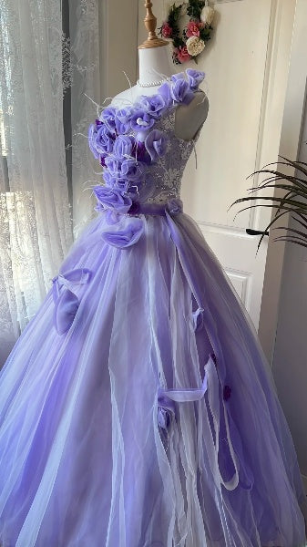 Cute Sweet 16 Dress Long One Shoulder Lilac With Flowers Ball Gown Sweet Sixteen Party Birthday Dresses RC0605