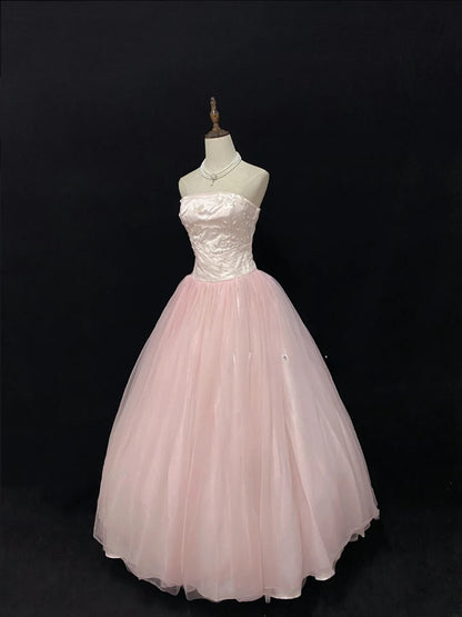 Cute Ball Gowns Strapless Tulle Pink Poofy Long With Beading Quince Dress Sweet 16 inspo Quinceanera Dresses Vestidos De 15 anos RB7669