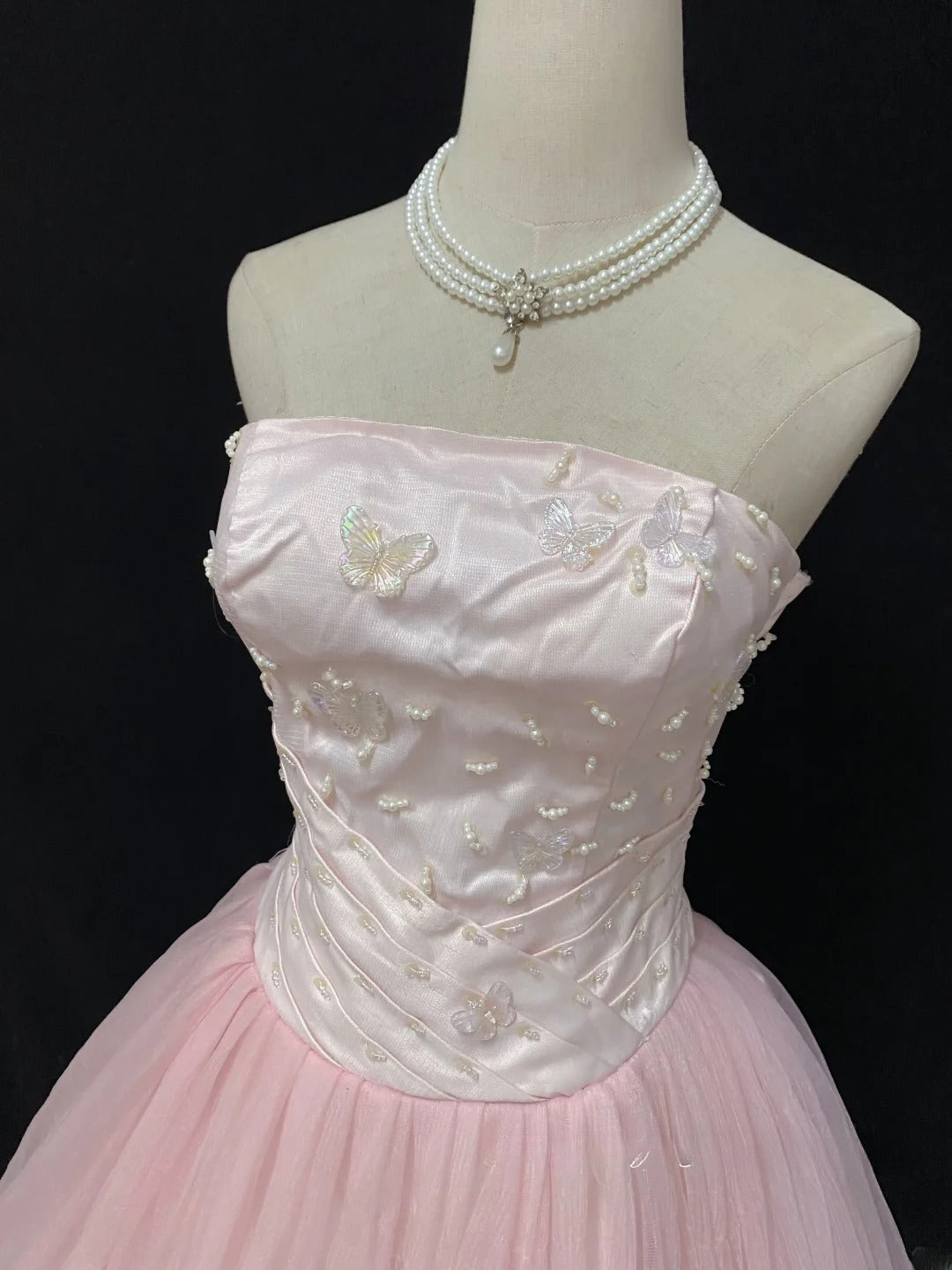 Cute Ball Gowns Strapless Tulle Pink Poofy Long With Beading Quince Dress Sweet 16 inspo Quinceanera Dresses Vestidos De 15 anos RB7669