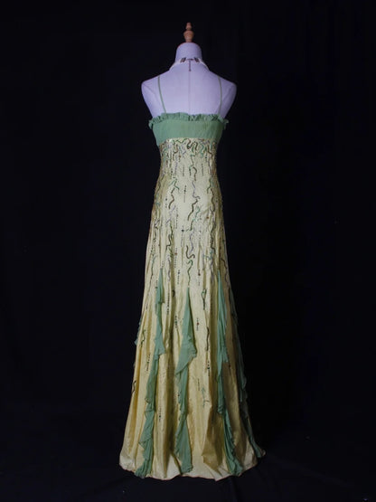 Vintage A-Linien-Abendkleid mit Spaghettiträgern, Chiffon, perlenbesetztem Stufenoberteil und langem Rock – ein beeindruckendes Outfit zum 18. Geburtstag (Modell AS270).