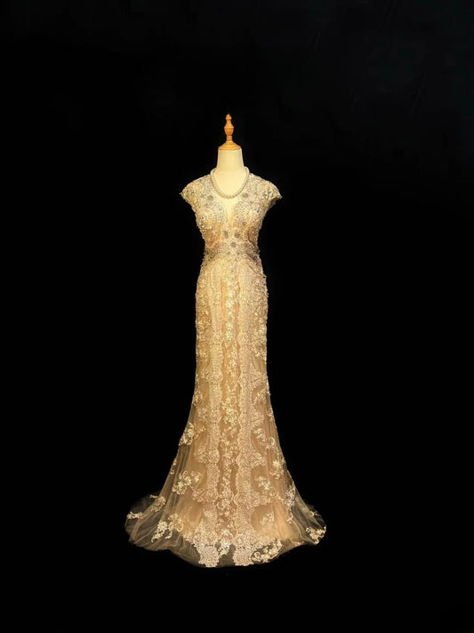 Beautiful Prom Dresses Mermaid V Neck Gold Tulle With Lace Long Night Evening Formal Outfits RB6115
