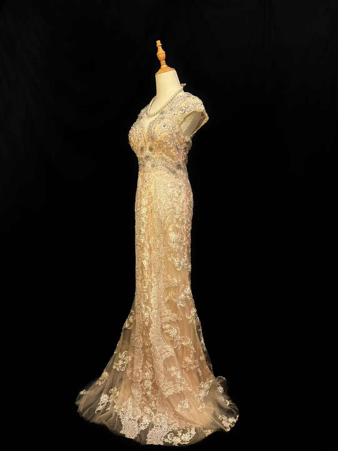 Beautiful Prom Dresses Mermaid V Neck Gold Tulle With Lace Long Night Evening Formal Outfits RB6115