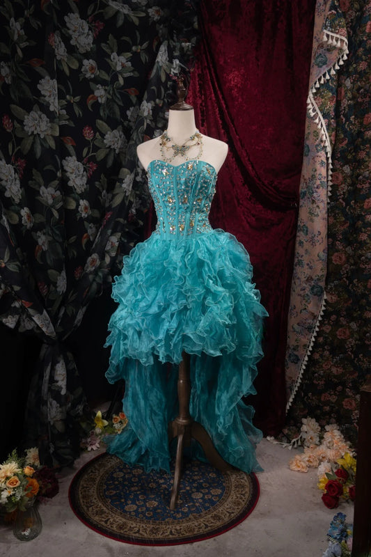 Modest High Low Sweetheart Blue With Tiered Beaded High School Dances Prom Dresses Formal Outfits Evening Gown RB8523