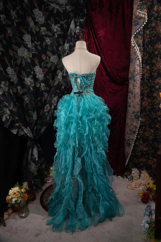 Modest High Low Sweetheart Blue With Tiered Beaded High School Dances Prom Dresses Formal Outfits Evening Gown RB8523