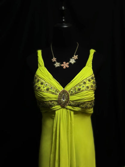 Vintage 90s Prom Dresses A line V Neckline Green Chiffon With Beading Party Gown Formal Outfits RB6116