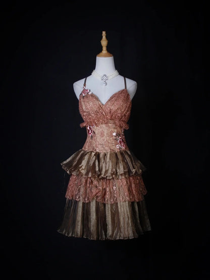 Retro-Ballkleid mit Spaghettiträgern, rosa-braun, kurz, 16. Geburtstagskleid, Homecoming-Kleid, Cocktailkleid AS271