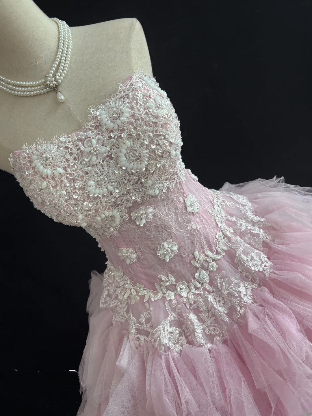 Charming Ball Gowns Strapless Pink Tulle Poofy Long With Lace Quince Dress Sweet 16 inspo Quinceanera Dresses Vestidos De 15 anos RB7671