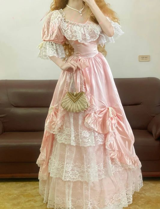 Prom Dress Vintage Ball Gown Square Neck Pink Satin Floor Length Formal Gown for Women Graduation Party RB9259