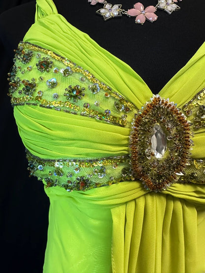 Vintage 90s Prom Dresses A line V Neckline Green Chiffon With Beading Party Gown Formal Outfits RB6116
