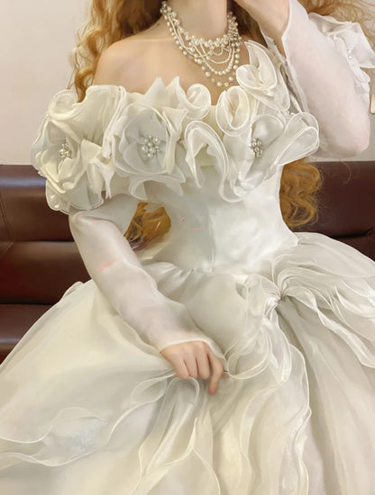 Elegant Floor Length Wedding Dress Classic White Ball Gown With Long Sleeves Bridal Gown for Big Day RB9260