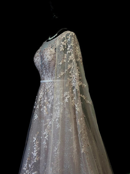 Vintage 90s Prom Dresses A line Scoop Light Pink Lace With Cape Party Gown Formal Outfits RB6117