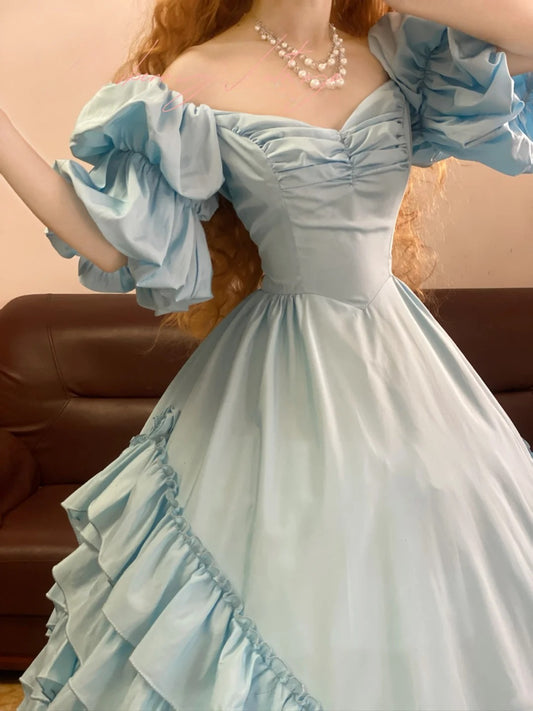 Prom Dress Vintage Ball Gown Sweetheart Blue Satin Floor Length Formal Gown for Women Graduation Party RB9260