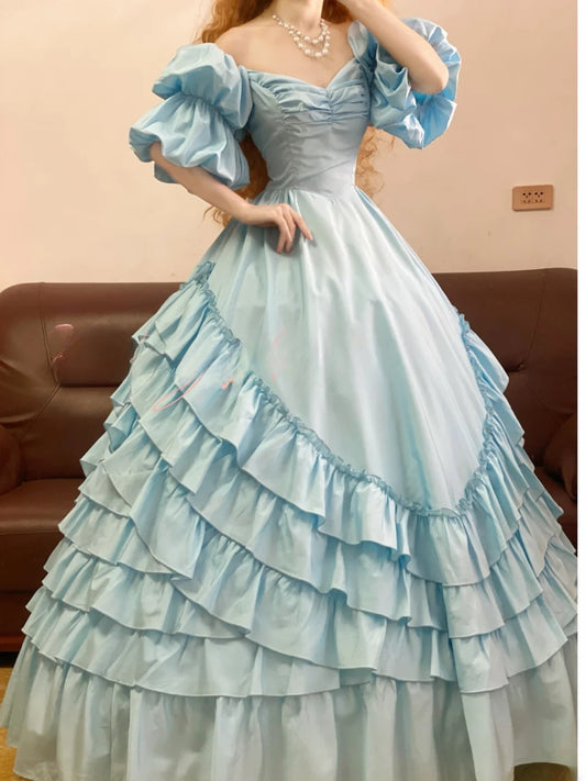 Prom Dress Vintage Ball Gown Sweetheart Blue Satin Floor Length Formal Gown for Women Graduation Party RB9260