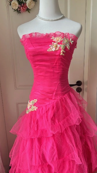 Modest Prom Dresses Aesthetic 90s Retro Mermaid Strapless Layers Tulle Hot Pink Evening Outfits RC0610