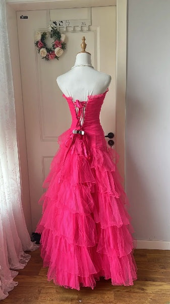 Modest Prom Dresses Aesthetic 90s Retro Mermaid Strapless Layers Tulle Hot Pink Evening Outfits RC0610