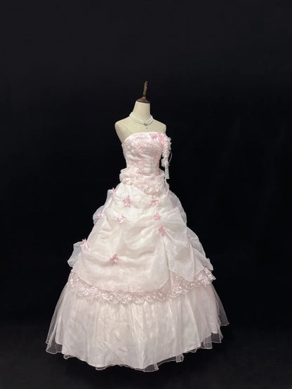 Ethereal Prom Dress Ball Gowns Strapless Pink Tulle Poofy Basque Waist Long With 3D Flowers Quince Dress inspo Quinceanera Dresses Vestidos De 15 anos RB7723