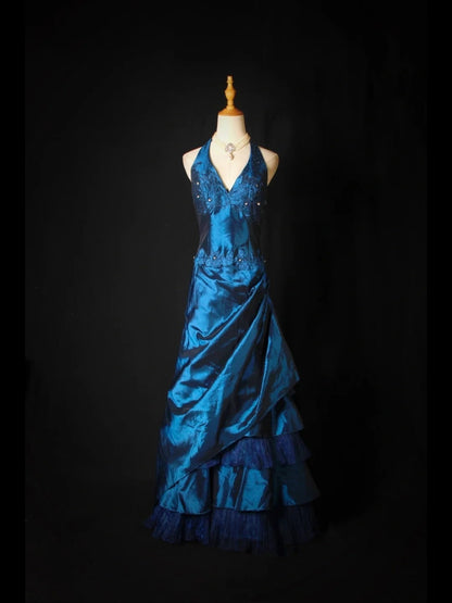 Robe de bal vintage dos nu en taffetas bleu marine avec corsage à volants orné de perles, robe longue idéale pour un 18e anniversaire, référence AS274