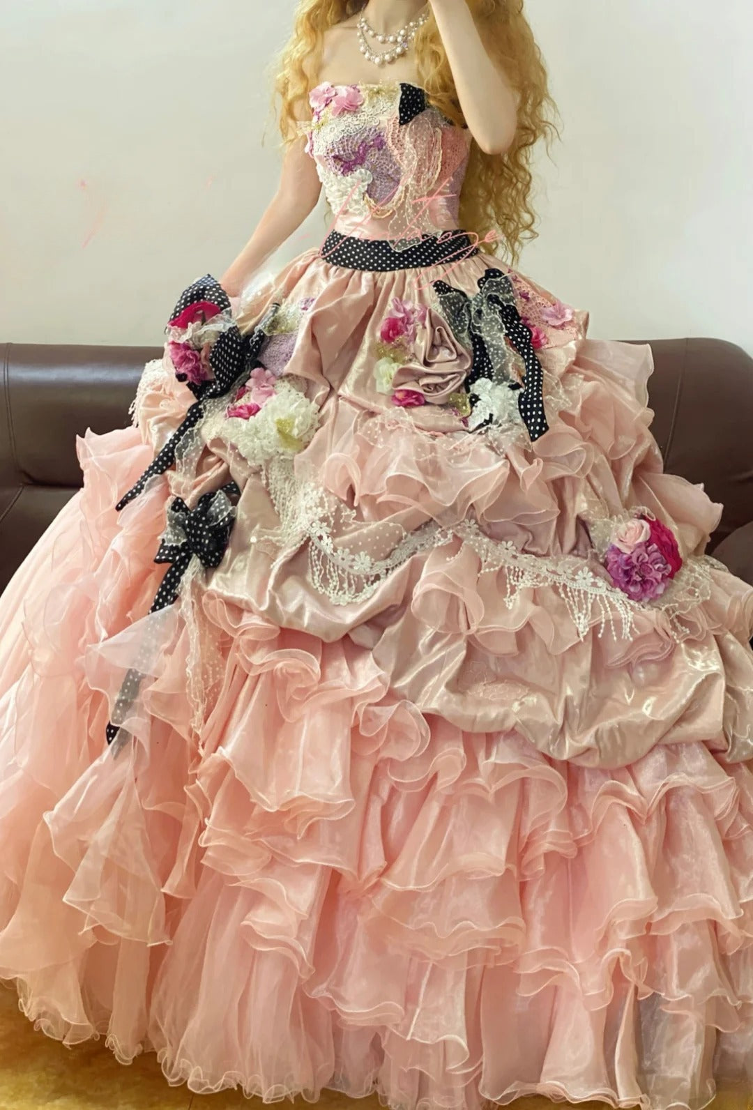 Quinceanera Dress Pink Strapless With 3D Flowers Long Ball Gown Sweet 15 Gown RB9262