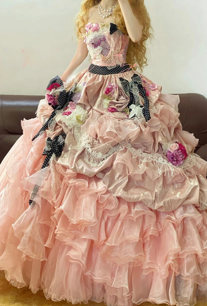 Quinceanera Dress Pink Strapless With 3D Flowers Long Ball Gown Sweet 15 Gown RB9262