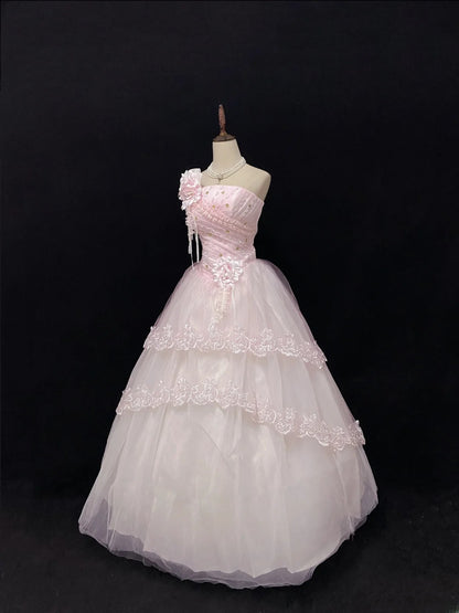 Ethereal Prom Dress Ball Gowns Strapless Pink Tulle Poofy Basque Waist Long With 3D Flowers Veil Quince Dress inspo Quinceanera Dresses Vestidos De 15 anos RB7724