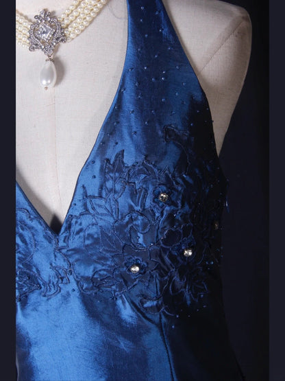 Robe de bal vintage dos nu en taffetas bleu marine avec corsage à volants orné de perles, robe longue idéale pour un 18e anniversaire, référence AS274