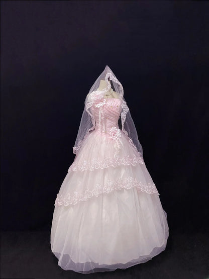 Ethereal Prom Dress Ball Gowns Strapless Pink Tulle Poofy Basque Waist Long With 3D Flowers Veil Quince Dress inspo Quinceanera Dresses Vestidos De 15 anos RB7724