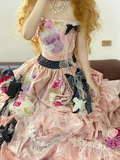 Quinceanera Dress Pink Strapless With 3D Flowers Long Ball Gown Sweet 15 Gown RB9262