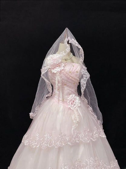 Ethereal Prom Dress Ball Gowns Strapless Pink Tulle Poofy Basque Waist Long With 3D Flowers Veil Quince Dress inspo Quinceanera Dresses Vestidos De 15 anos RB7724
