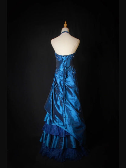 Robe de bal vintage dos nu en taffetas bleu marine avec corsage à volants orné de perles, robe longue idéale pour un 18e anniversaire, référence AS274