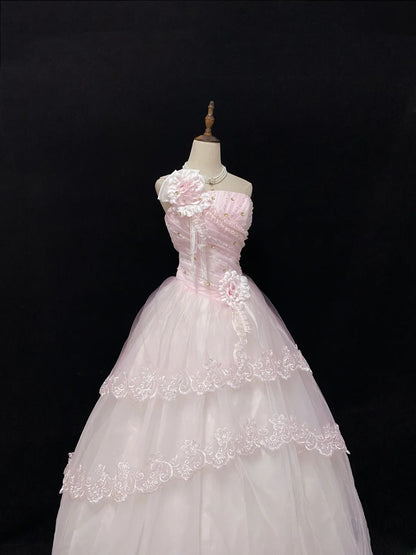 Ethereal Prom Dress Ball Gowns Strapless Pink Tulle Poofy Basque Waist Long With 3D Flowers Veil Quince Dress inspo Quinceanera Dresses Vestidos De 15 anos RB7724
