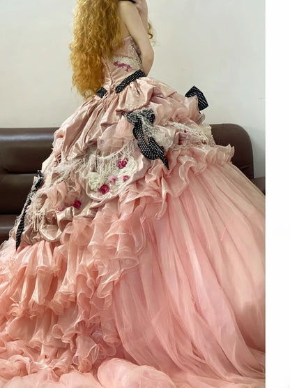 Quinceanera Dress Pink Strapless With 3D Flowers Long Ball Gown Sweet 15 Gown RB9262