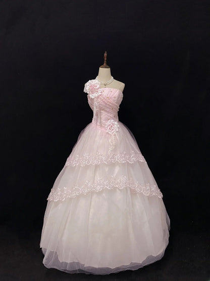 Ethereal Prom Dress Ball Gowns Strapless Pink Tulle Poofy Basque Waist Long With 3D Flowers Veil Quince Dress inspo Quinceanera Dresses Vestidos De 15 anos RB7724