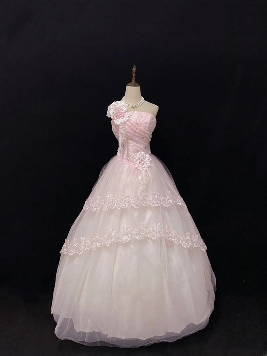 Ethereal Prom Dress Ball Gowns Strapless Pink Tulle Poofy Basque Waist Long With 3D Flowers Veil Quince Dress inspo Quinceanera Dresses Vestidos De 15 anos RB7724