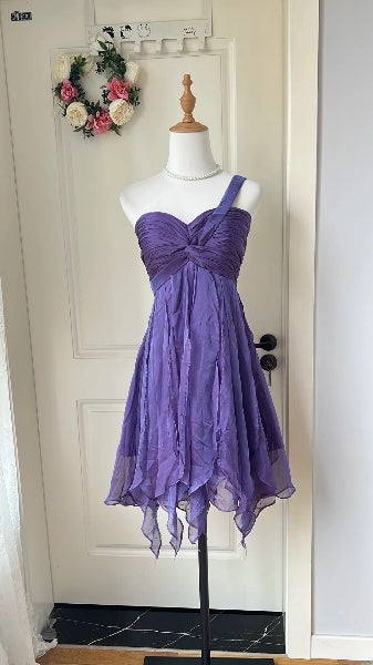 Hoco Dress A line One Shoulder Grape Chiffon Short Homecoming 17th Birthday Party Dress RC0612