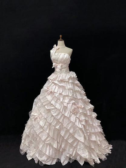 Ethereal Prom Ball Gowns Strapless Pink Taffeta Poofy Drop Waist Long With Tiered Layers Quince Dress inspo Quinceanera Dresses Vestidos De 15 anos RB7725