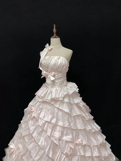 Ethereal Prom Ball Gowns Strapless Pink Taffeta Poofy Drop Waist Long With Tiered Layers Quince Dress inspo Quinceanera Dresses Vestidos De 15 anos RB7725