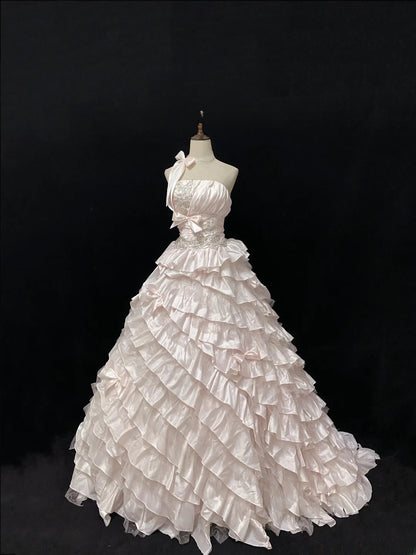 Ethereal Prom Ball Gowns Strapless Pink Taffeta Poofy Drop Waist Long With Tiered Layers Quince Dress inspo Quinceanera Dresses Vestidos De 15 anos RB7725