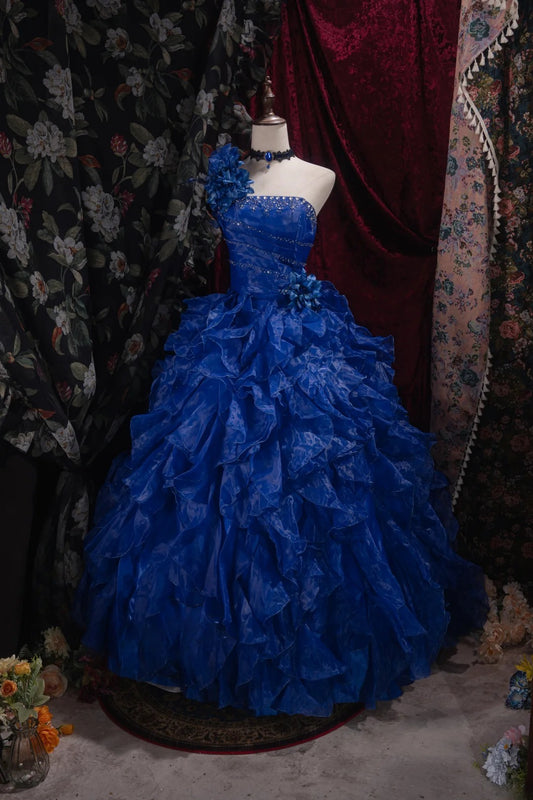 Cute Ball Gown Formal Events One Shoulder Royal Blue Organza With Tiered Quince Dress Quinceanera Dresses Birthday Outfits RB8525