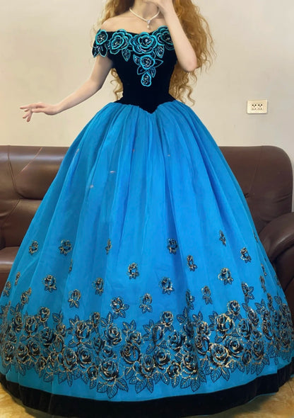 Tulle Blue Ballgown Sweet 16 Dress Lace Appliques Off The Shoulder Sweet Sixteen Birthday Gown Floor Length RB9327