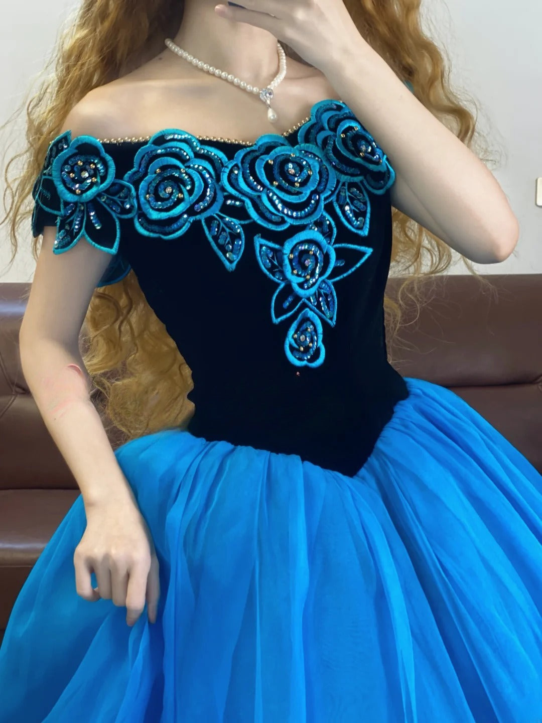 Tulle Blue Ballgown Sweet 16 Dress Lace Appliques Off The Shoulder Sweet Sixteen Birthday Gown Floor Length RB9327