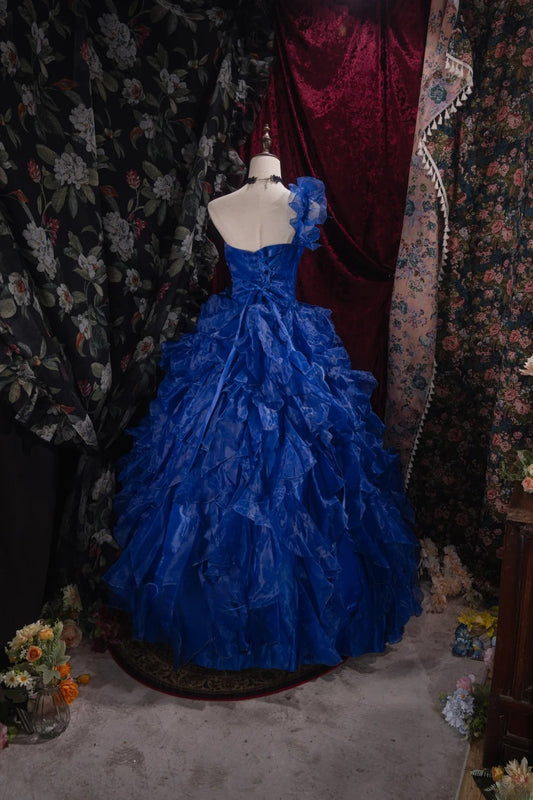 Cute Ball Gown Formal Events One Shoulder Royal Blue Organza With Tiered Quince Dress Quinceanera Dresses Birthday Outfits RB8525