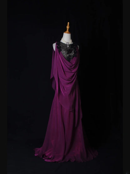 Vintage Meerjungfrauen-Kleid mit schwarzem Oberteil, Spitze, Trauben-Chiffon-Applikationen und Perlenbesatz am Oberteil – langes Ballkleid für den 18. Geburtstag (Modell AS276)