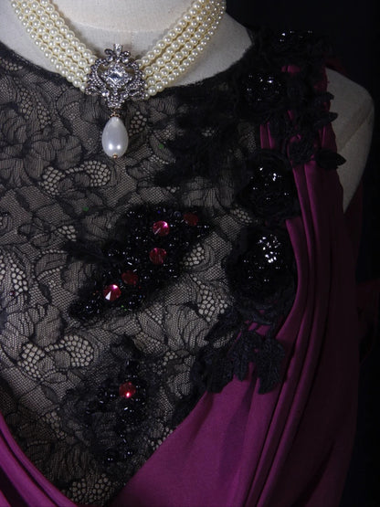 Vintage Meerjungfrauen-Kleid mit schwarzem Oberteil, Spitze, Trauben-Chiffon-Applikationen und Perlenbesatz am Oberteil – langes Ballkleid für den 18. Geburtstag (Modell AS276)